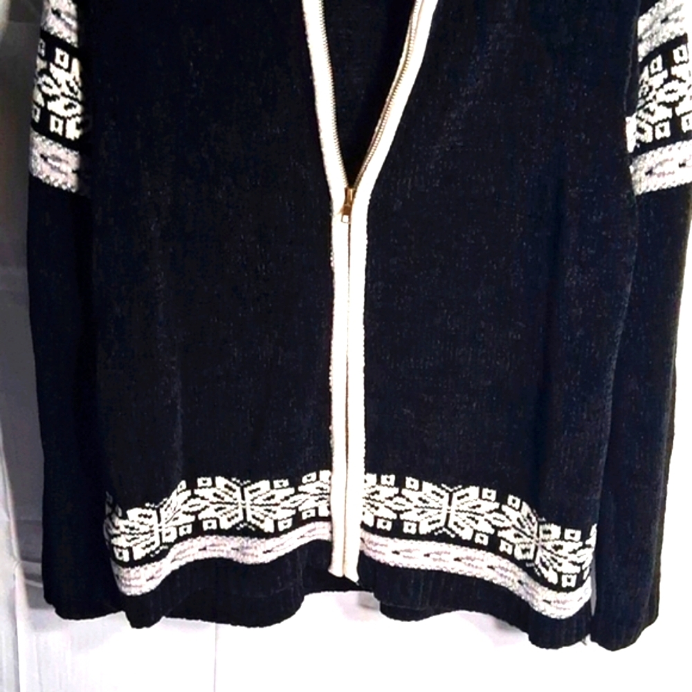 Erika Cardigan Womens PL Black Full Zip Collared Fair Isle Chenille Cozy Nordic - Picture 3 of 13